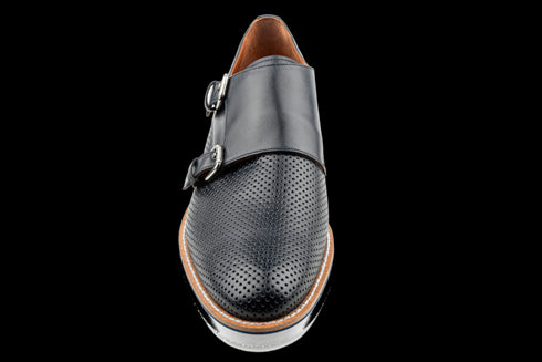 Double Monk Strap Dress Sneakers with Perforated Design in Navy